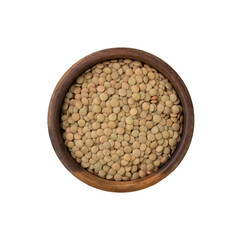 Raw lentils on a wooden bowl isolated over white background
