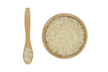 white rice in wooden bowl and spoon isolated on white
