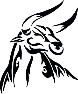 head of a warlike stylized bull in lines, logo or tattoo, black on a white background

