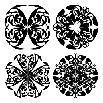 Set of four decorative doodle patterns in monochrome design, circural vintage ornament. Textile ornament elements, wrapping paper print, color is easy to change. Vector design.