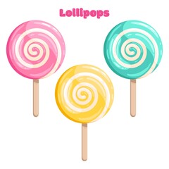 Bright colored lollipop. Sweet dessert for kids. Candy on a stick. Pink, blue, yellow spiral. Isolated cartoon illustration clipart set on white background