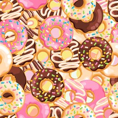 Delicious fresh sweet donut from a pastry bakery. Dessert coated with colored glaze. High-calorie pink strawberry, chocolate brown, white vanilla sweet snack. Seamless background