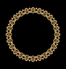 Antique gold frame, circular frame on a black background. Fine brass art deco frame with 3d effect. Vector design.