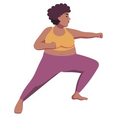 Fat strong black plus size woman with natural hair in cute sportswear. Workout. Exercises. Serious face. Martial arts. Combat stance. Isolated flat minimal simple cute cartoon illustration