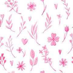Fototapeta na wymiar Valentines seamless pattern. Watercolor hand drawn pink pattern with hearts and flowers. Can be used as print, fabric, textile, element design, wrapping paper, wallpapers and so on.
