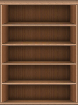 Bookshelf virtual library. realistic wooden online media books background. Book store shelf template. Tablet screen size. Isolated graphic illustration.