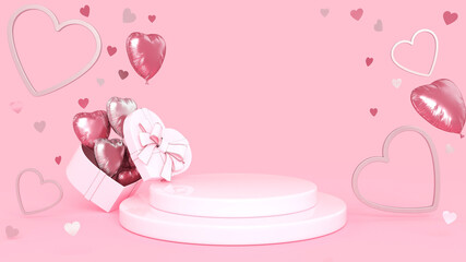 Valentine's Day Background. Pedestal With Heart Gift Box And Pink And Silver Heart Balloons. Empty Space - 3D Illustration