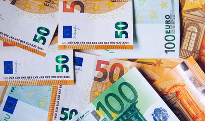 Euro money, Euro cash background. Banknotes of the european union. Euro cash. Many Euro banknotes of different values.