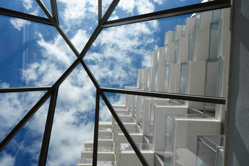 Vertical view through a large modern skylight