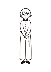 正面を向いたシニア女性の全身イラスト【線画・塗りなし】