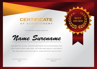 luxury red and gold certificate template. elegant certificate design for achievement and appreciation
