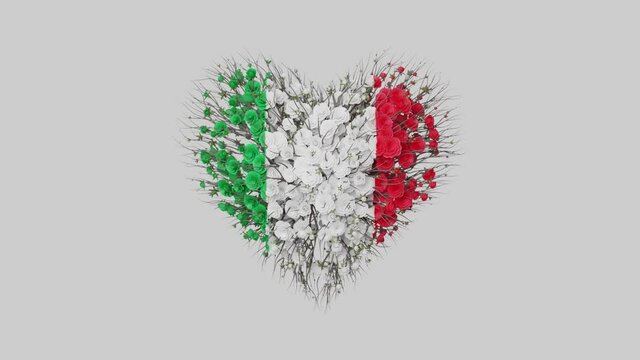 Italy National Day. June 2. Republic Day. Heart animation with alpha matte. Flowers forming heart shape. 3D rendering.