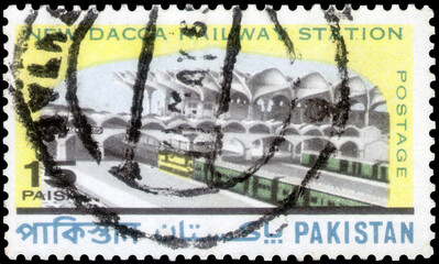 Postage stamp issued in the Pakistan with the image of the Railway station Dacca. From the series on First Anniversary Of New Railway station, circa 1969