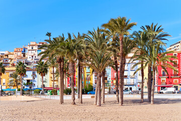 Naklejka premium Villajoyosa sandy beach with coloful houses and palm trees. Spain