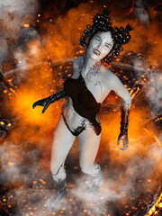 Obraz premium A 3d digital render of a fantasy woman, dark fairy or vampire, in a ring of fire.