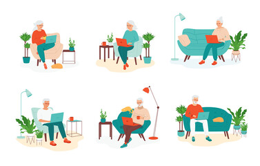 Gray-haired senior woman, man sitting with laptop. Concept of using a computer by the elderly in retirement. Employees work remotely, freelance, teaching. Collection of vector illustrations