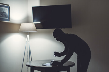 Full length of robber. Man with flashlight and bag in living room.