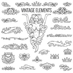 Collection of vintage elements for the design of menu pages, banners, cards. Sculpture of a girl, a lion, borders, cartouches, bas-relief. Historical, decorative style. Hand drawn sketches, engraving