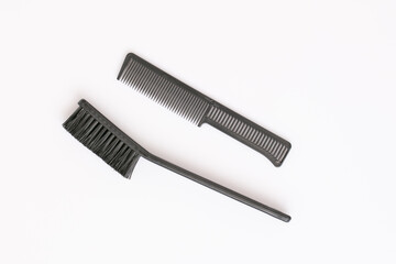 set barber tools flat comb hair, brushes on white background