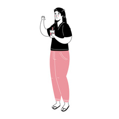 young woman drinking beverage avatar character vector illustration design