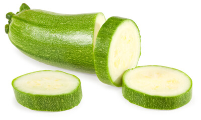 fresh green zucchini or marrow slices isolated on white background. full depth of field. clipping path