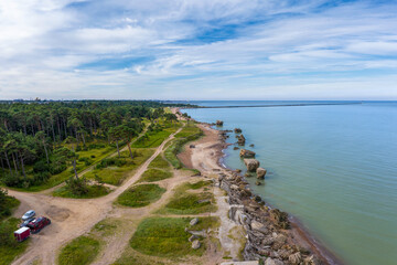 Fototapeta na wymiar Aerial view of the Karosta coast littered with abandoned fortifications of tsarist Russia. Liepaja, Latvia.