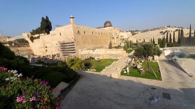 The archeological garden in the Old City of Jerusalem, near the Western Wall. Empty of visitors due to museum closures due to corona virus