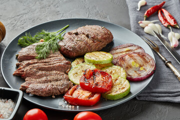Grilled beef steak with spices and vegetables