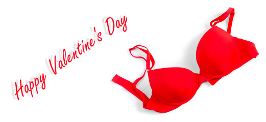 Red bra for woman on white background, valentine's day.