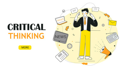 Critical thinking, Vector flat graphic design. News filter, flat vector landing page template.