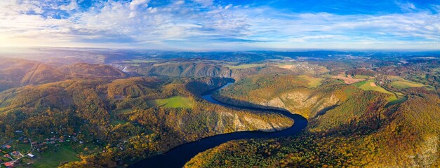Beautiful view of Vltava river from Maj viewpoint. Czech Republic, Krnany, Europe. Maj viewpoint next to Prague in central Bohemia, Czech Republic. Aerial view of incredible Vyhlidka Maj.