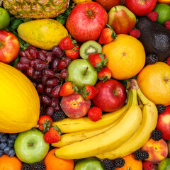 Food background fruits collection apples berries banana square oranges fruit