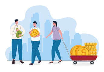 people with coins money dollars in cart vector illustration design