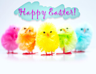 Easter greeting card with colourful cute chicks