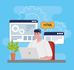 software developer programming in laptop with code symbols vector illustration design