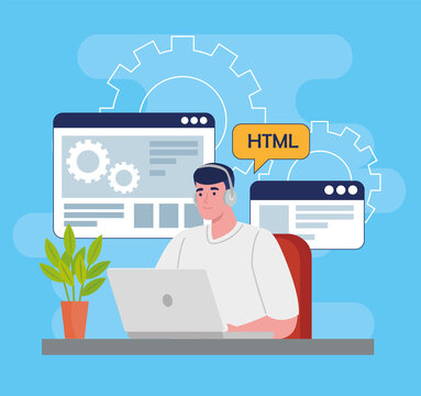 software developer programming in laptop with code symbols vector illustration design