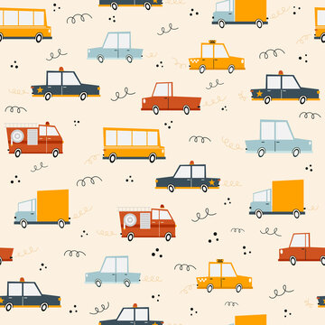 Cartoon style transportation seamless pattern for kids. Hand drawn geometric cars, truck, police, fire truck, taxi. Perfect for kids, nursery fabrics, textile, background. 