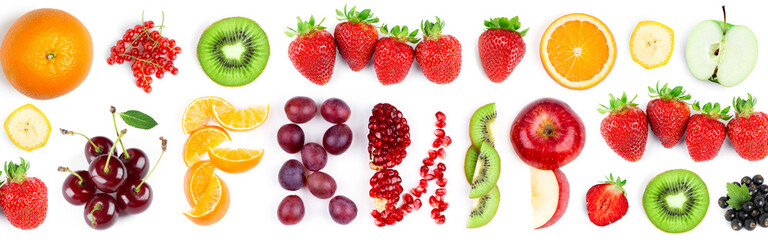 Fruits. Mixed fruits and berries on the white background. Fresh food. Word fruit.