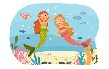 Fototapeta premium Happy little mythical mermaids under the ocean laughing and chatting amongst the coral, colored cartoon vector illustration