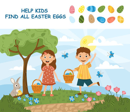 Young Sister And Brother Searching For Easter Eggs Hidden Amongst The Spring Flowers Outdoors In The Park Watched By The Easter Bunny, Colored Cartoon Vector Illustration