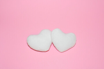 Valentine girl minimalism pink background, flat lay. Soft hearts,Copy space.Flat lay.Women, Mother's day card.