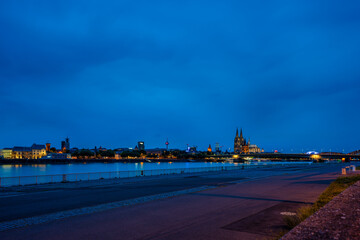 Panoramic view of Cologne Cathedral at night, Germany.
