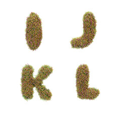 3D letter alphabet covered with grass and spring flowers - letters I-L