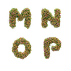 3D letter alphabet covered with grass and spring flowers - letters M-P