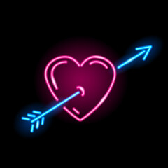 Neon icon of heart with arrow isolated on black background. Love, St. Valentine Day, lovestruck concept. Vector 10 EPS illustration.