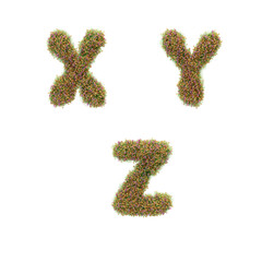 3D letter alphabet covered with grass and spring flowers - letters X-Z