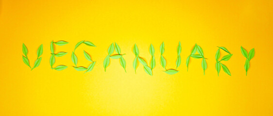 Veganuary made of green leaves. Vegan month banner. Yellow background 