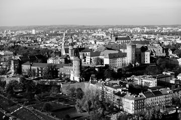 Aerial view of Krakow center of the city, Poland. Black and white photo.