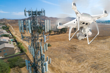 Unmanned Aircraft Drone Flying Near and Inspecting Cell Tower