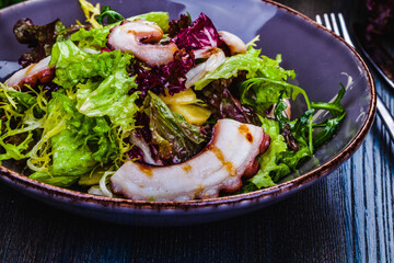 Octopus salad with potatoes and mixed greens on a plate